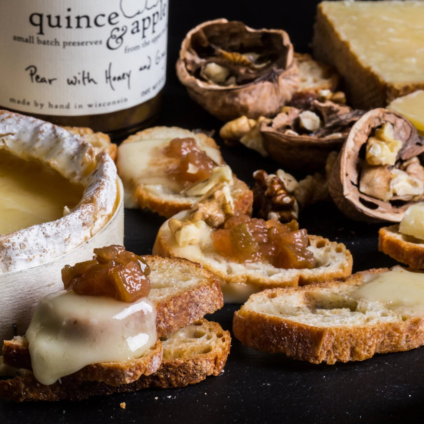 Pair our Pear with Honey and Ginger preserves with toasted nuts, bandaged cheddar and baked brie